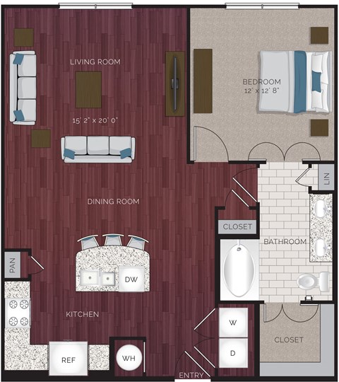 A floor plan of a house with a living room, dining room, kitchen, and bathroom.